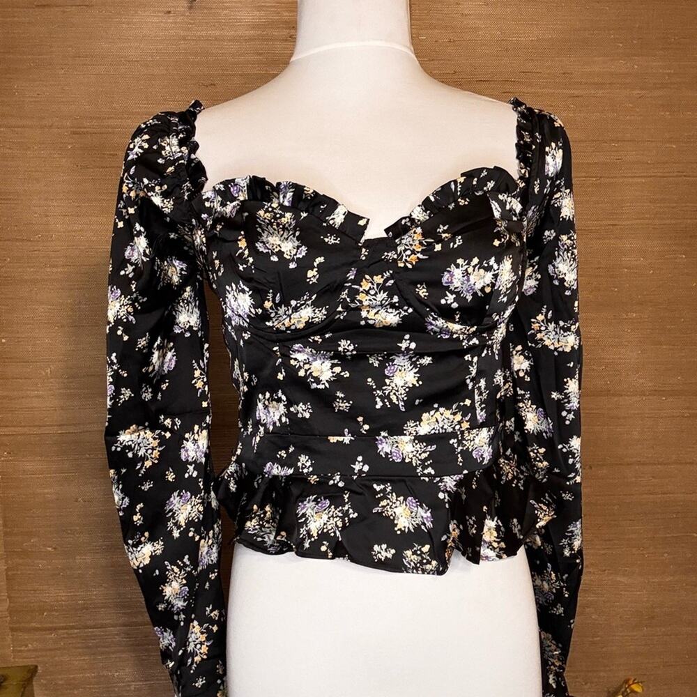 Astr Black Floral Long Sleeve Blouse size medium NWT